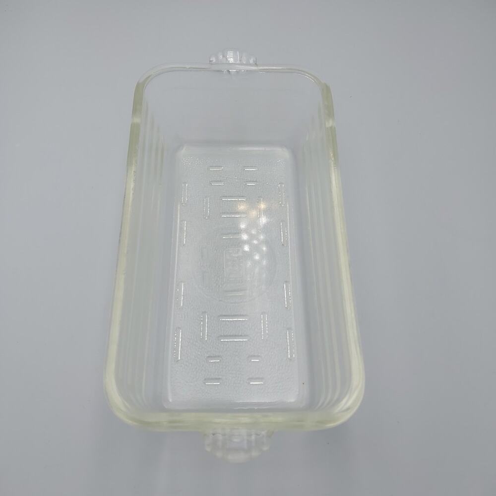 Vintage GLASBAKE #59 Clear Glass‎ Loaf Pan Baking Dish Ornate Handles Ribbed USA